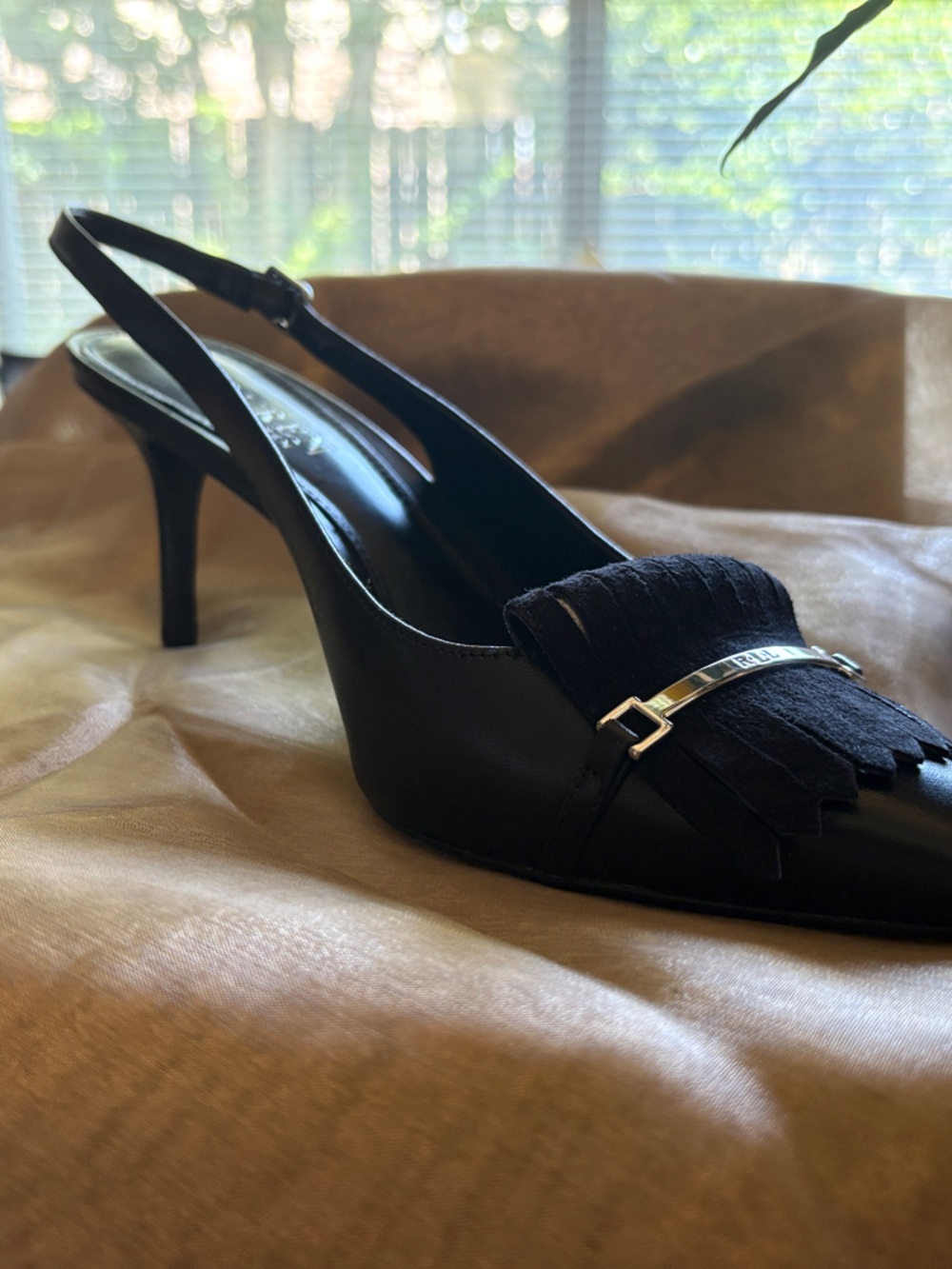 Ralph Lauren Black Pointed Slingback Heels with Fringe and Gold Bar